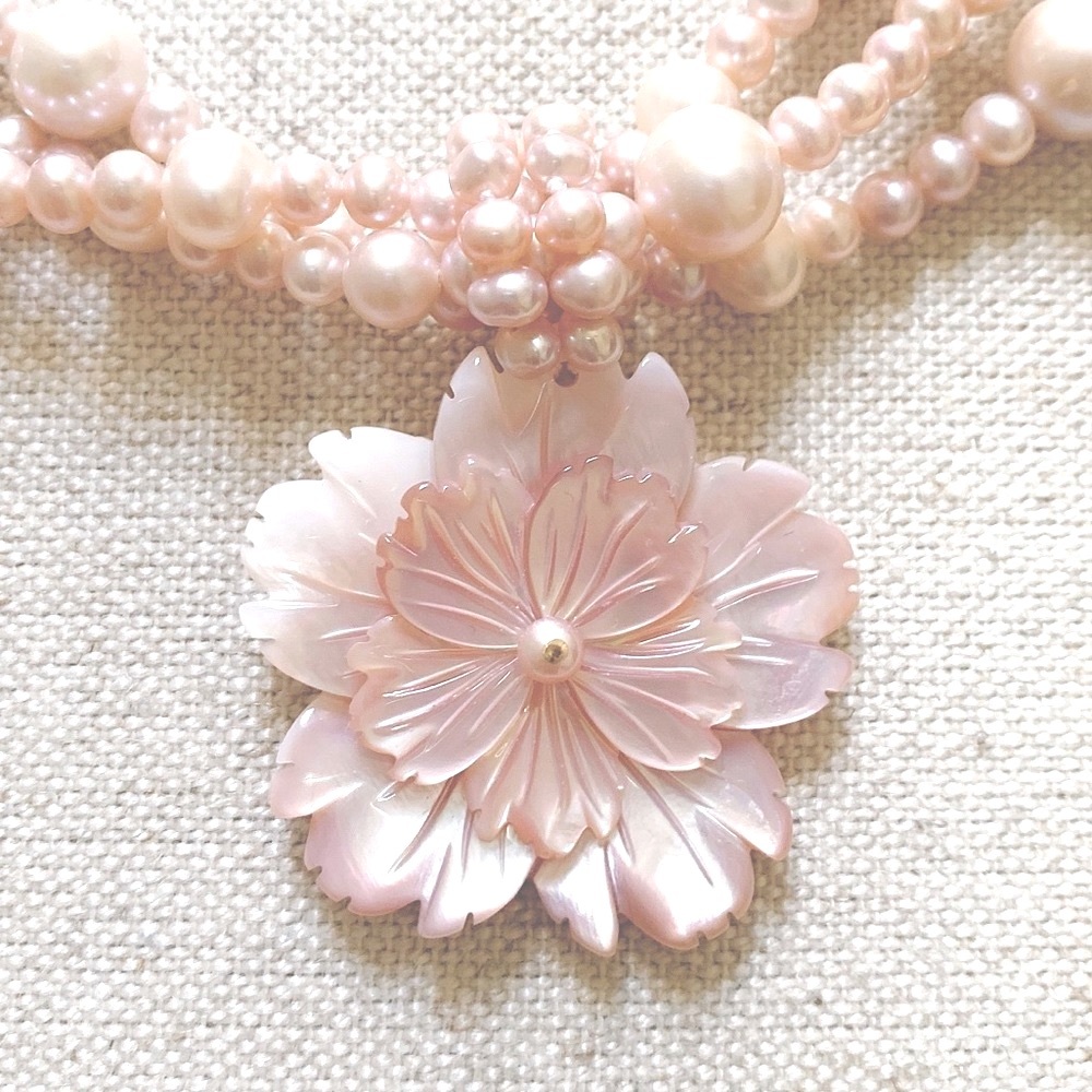 Vintage Pink Multi Strand Pearl And Carved Mother Of Pearl Necklace